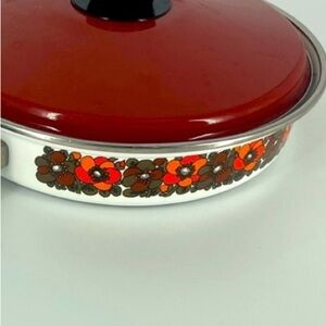 Vintage Enamel Cook Wear Pan Floral Red Lid Mid Century Modern MCM Skillet